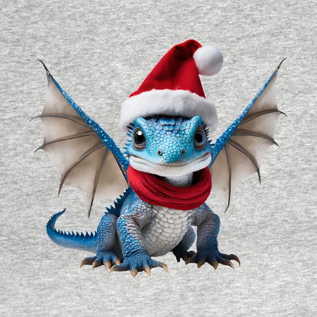 Realistic Artwork of a Cute Blue Baby Dragon Wearing a Red Santa Christmas Hat by Cuteopia Gallery